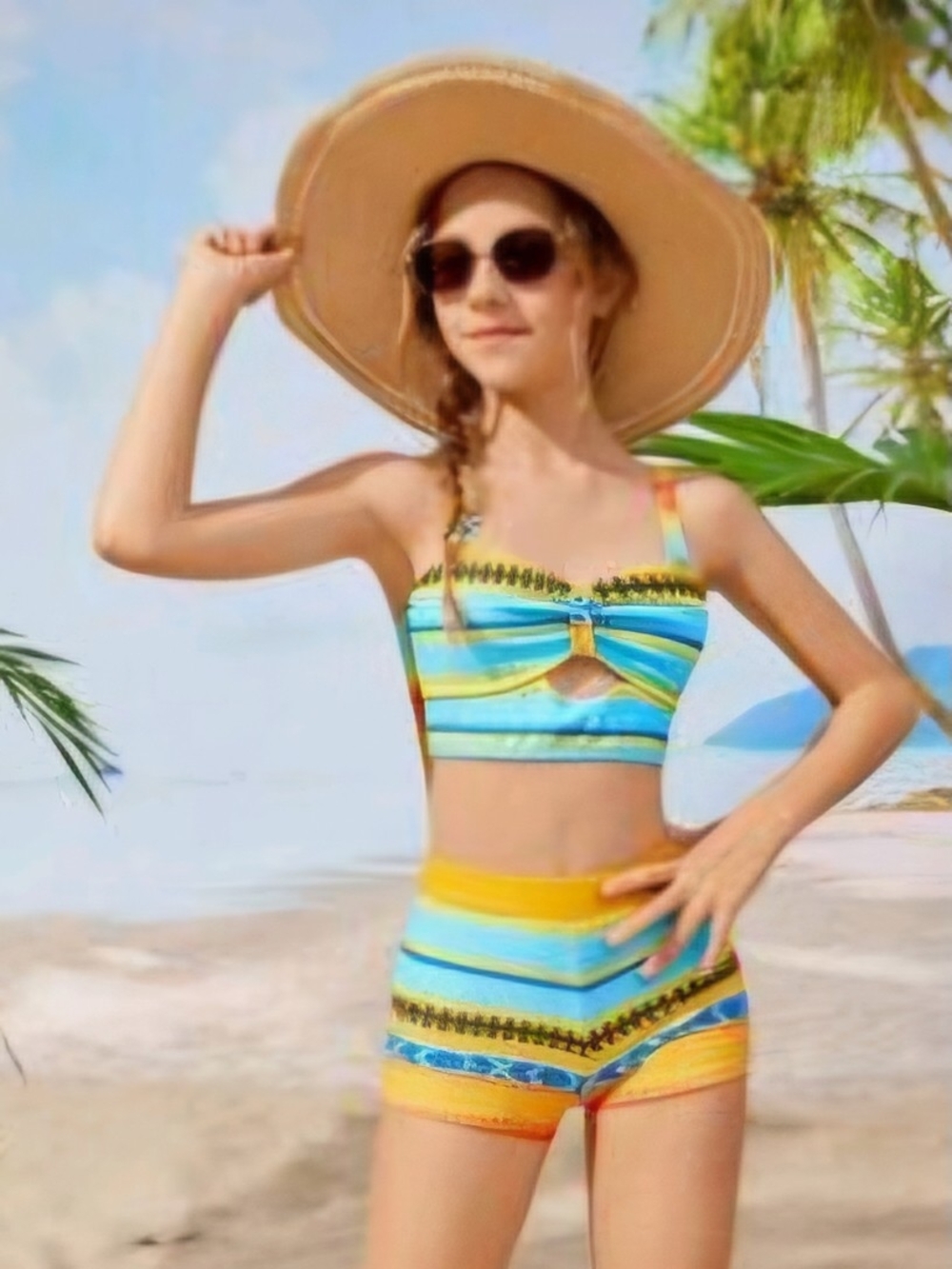Striped Yellow & Blue Girls High-Waist 2pc Swimsuit - Size 10Y